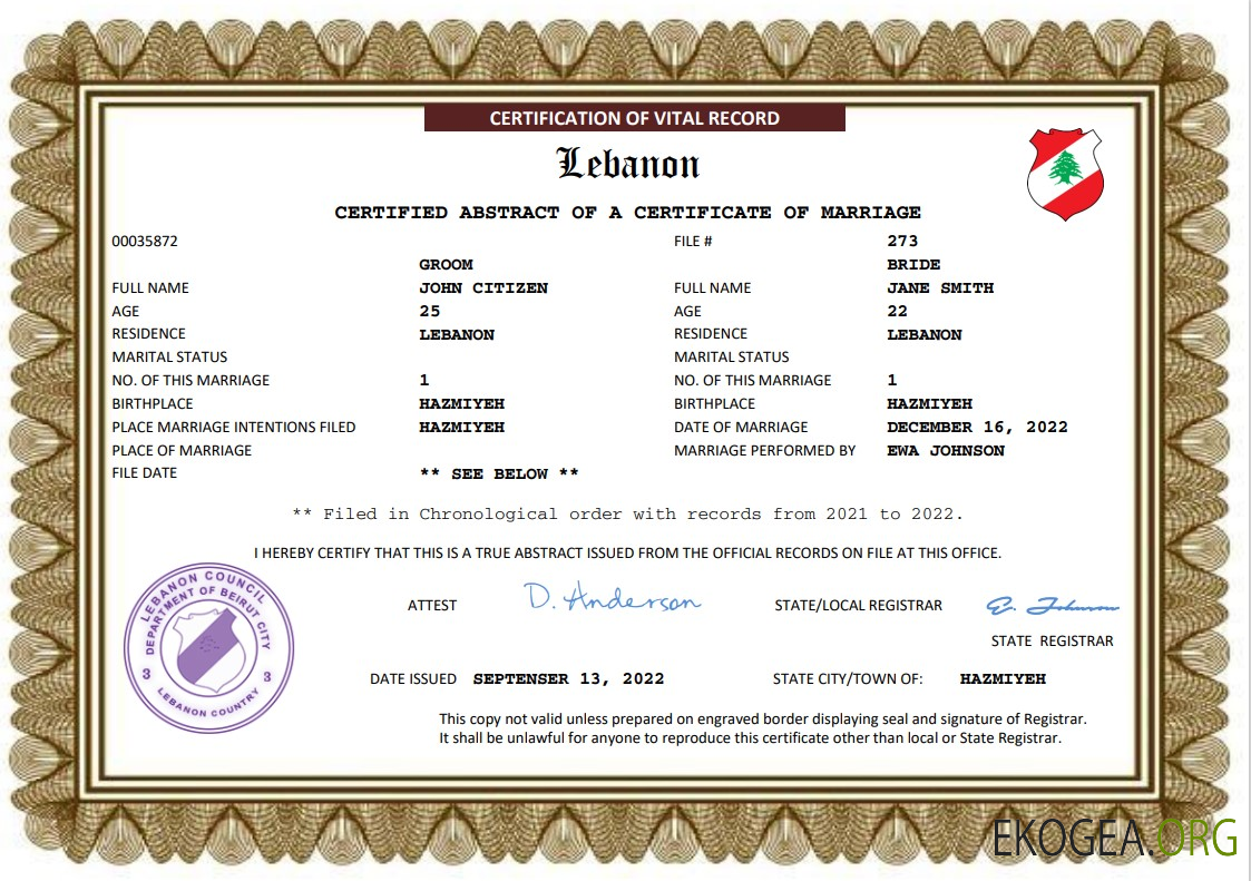 Modèle Word et PDF d'acte de mariage au Liban